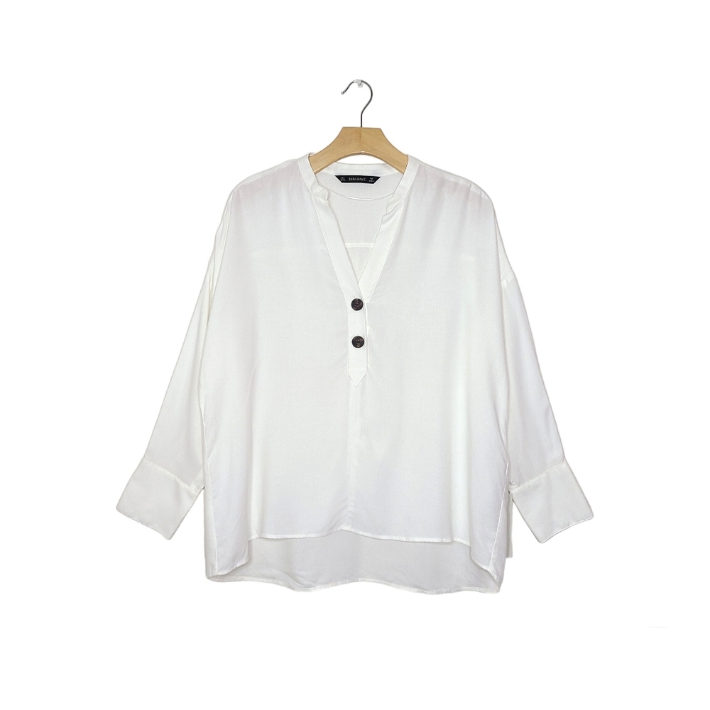 NWT Zara White 2 Button V Neck 3/4 Sleeve Blouse Top